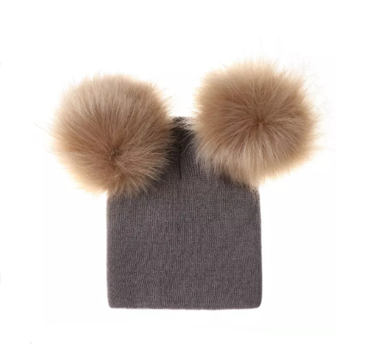 Faux Fur Double Pompom Knitted Hat, Autumn Winter Kids Beanie, Warm Children's Soft Bobble Hat, Toddler Hat