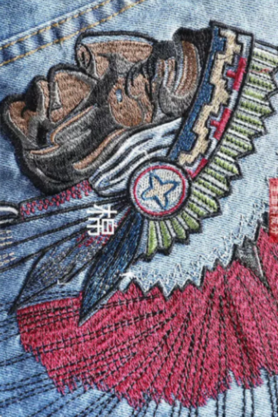 Men s Denim Jacket Indian Chief Embroidery Retro Hip Hop Punk Bohemian with back detail SIZE Size M for Baggy Fit Size L for Comfy Fit
