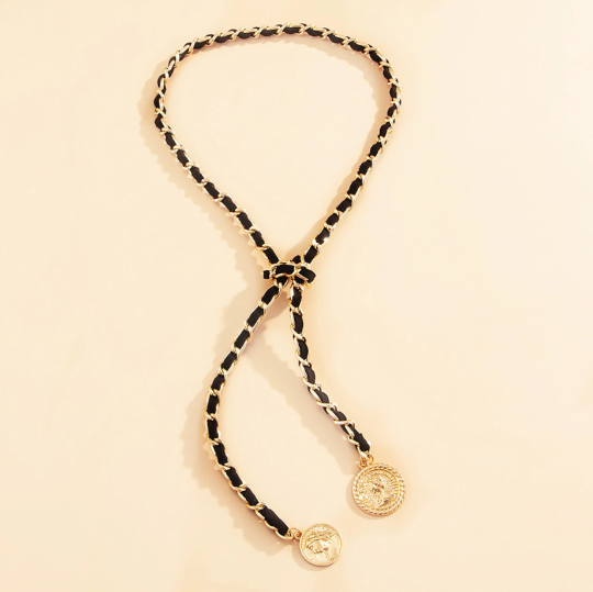 Long Chain Choker Necklace for Women, Fashion Necklace, Coin Pendant Necklace, Punk Hip Hop, Gold, Silver, Velvet Choker