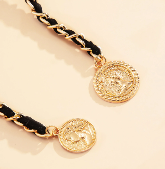 Long Chain Choker Necklace for Women, Fashion Necklace, Coin Pendant Necklace, Punk Hip Hop, Gold, Silver, Velvet Choker
