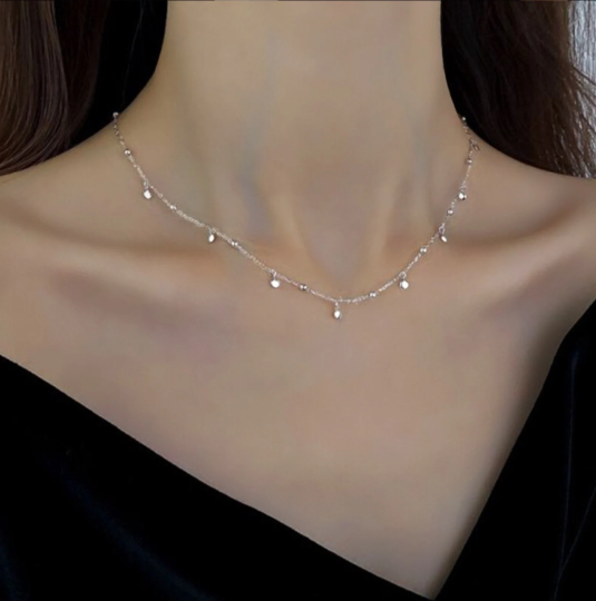 Chic Choker Necklace Silver Finish, Small Silver Beads and Silver Dangling Petals
