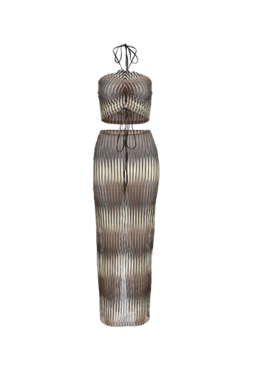 Spacedye Print Knitted Co ord Set, Spaghetti Strap Halterneck Crop Top, Maxi Skirt, Brown & Khaki Two Piece