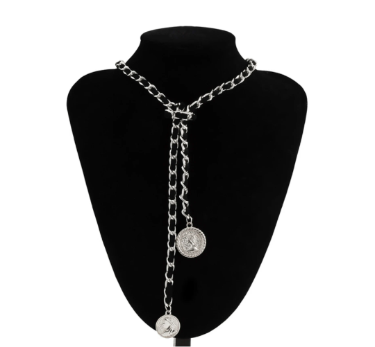 Long Chain Choker Necklace for Women, Fashion Necklace, Coin Pendant Necklace, Punk Hip Hop, Gold, Silver, Velvet Choker