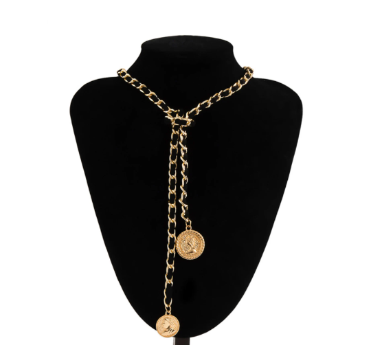 Long Chain Choker Necklace for Women, Fashion Necklace, Coin Pendant Necklace, Punk Hip Hop, Gold, Silver, Velvet Choker