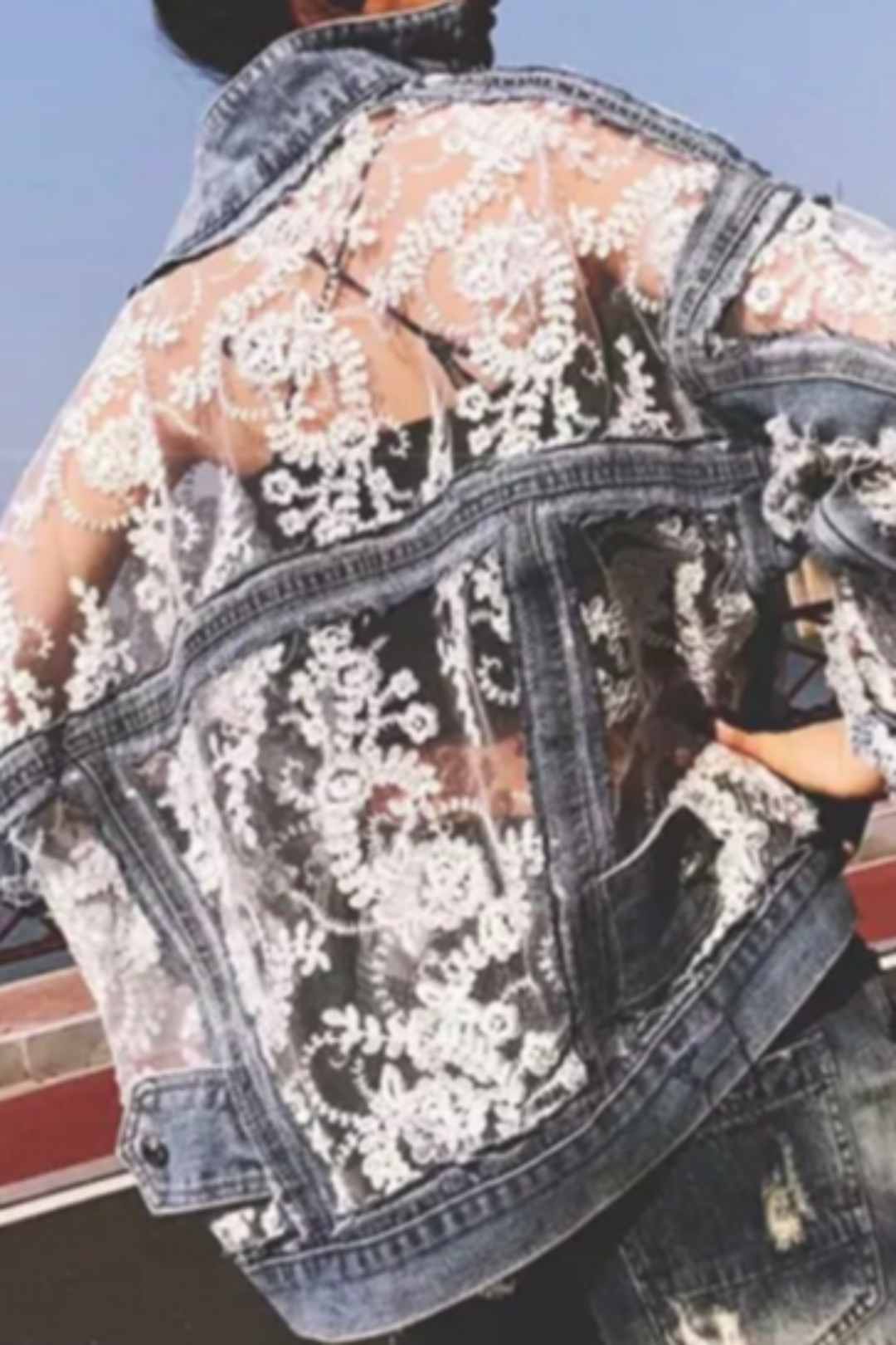 White Floral Lace Frayed Denim Jacket, Sheer Mesh Lace Hollow Out Patchwork Design