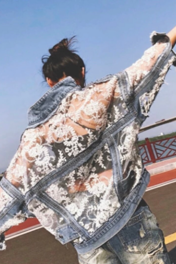 White Floral Lace Frayed Denim Jacket, Sheer Mesh Lace Hollow Out Patchwork Design