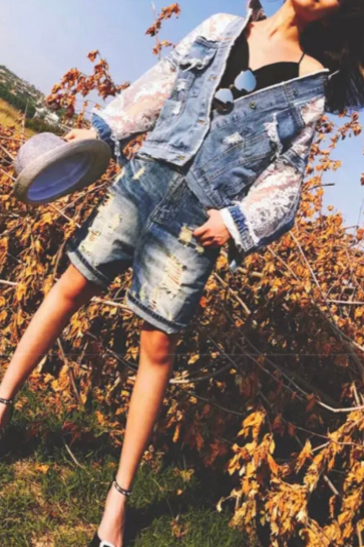 White Floral Lace Frayed Denim Jacket, Sheer Mesh Lace Hollow Out Patchwork Design