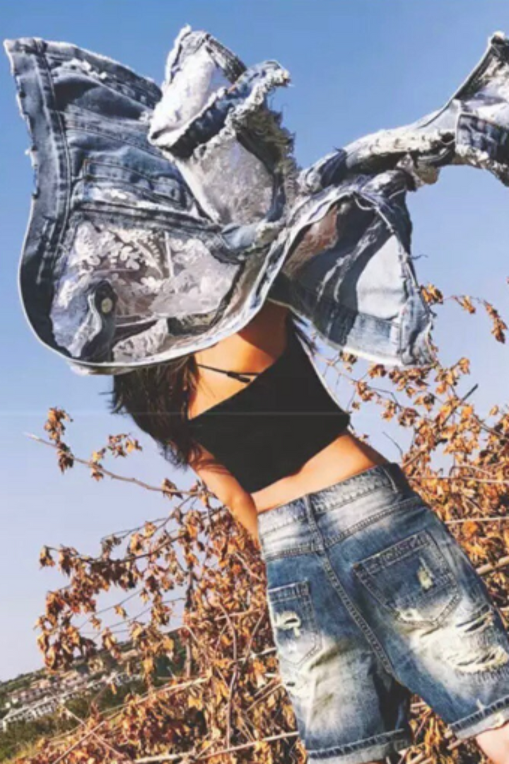 White Floral Lace Frayed Denim Jacket, Sheer Mesh Lace Hollow Out Patchwork Design