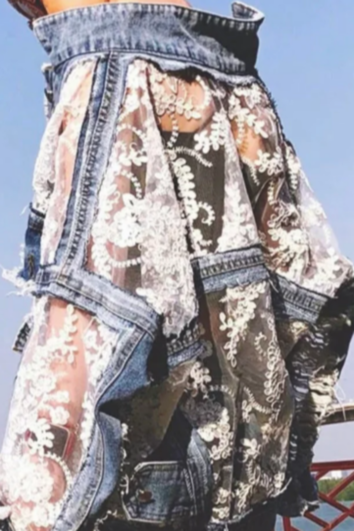 White Floral Lace Frayed Denim Jacket, Sheer Mesh Lace Hollow Out Patchwork Design