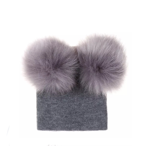 Faux Fur Double Pompom Knitted Hat, Autumn Winter Kids Beanie, Warm Children's Soft Bobble Hat, Toddler Hat