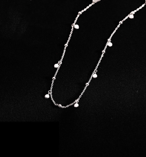 Chic Choker Necklace Silver Finish, Small Silver Beads and Silver Dangling Petals
