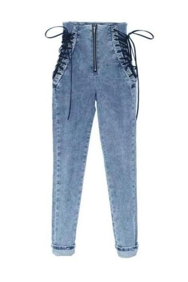 Blue Wash Denim High Waisted Lace Up Zip Front Super Skinny Jeans