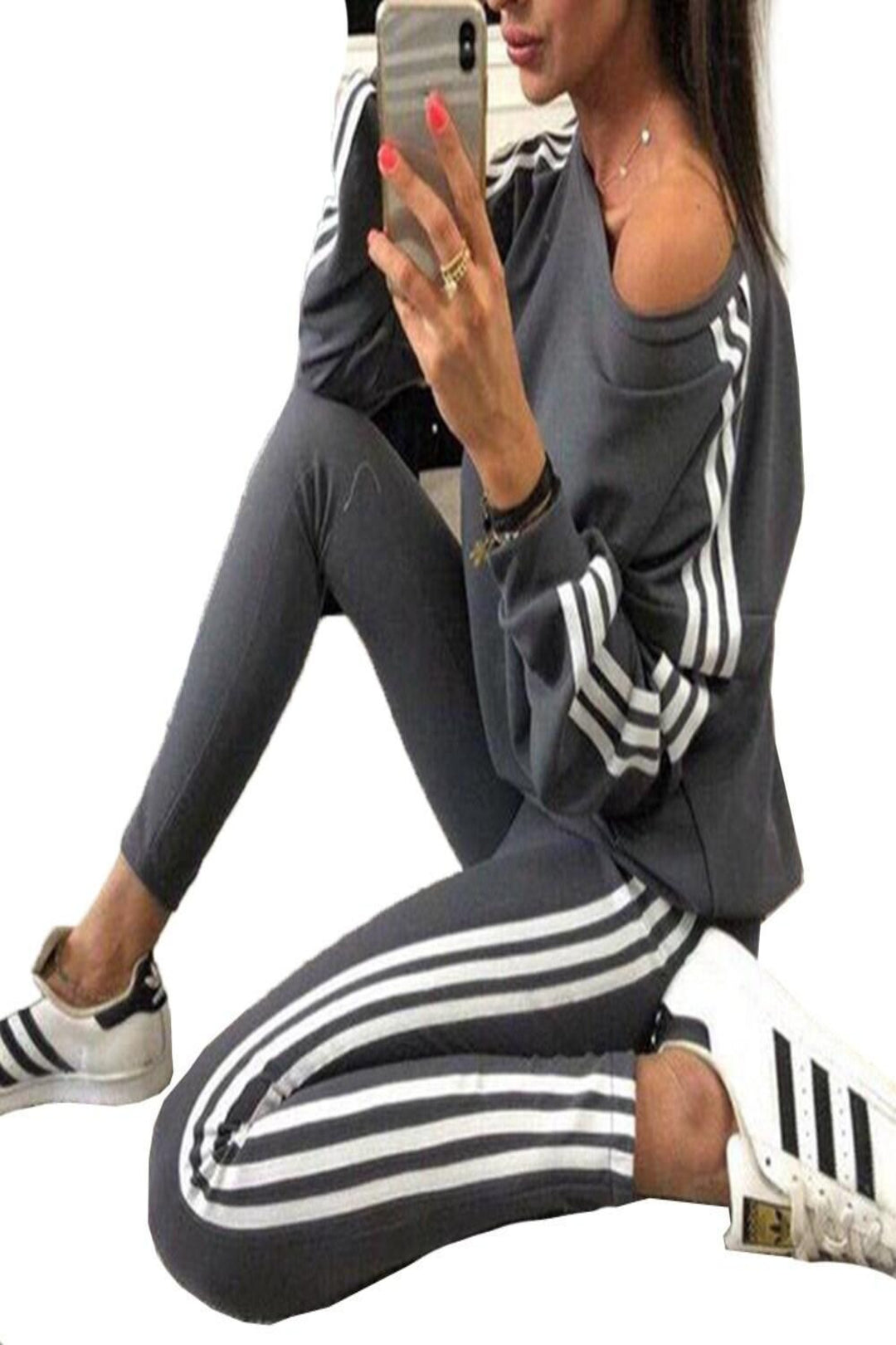 Tracksuit, lounge wear with white strips, comfortable two piece sweatshirt, top and leggings - Hayati London