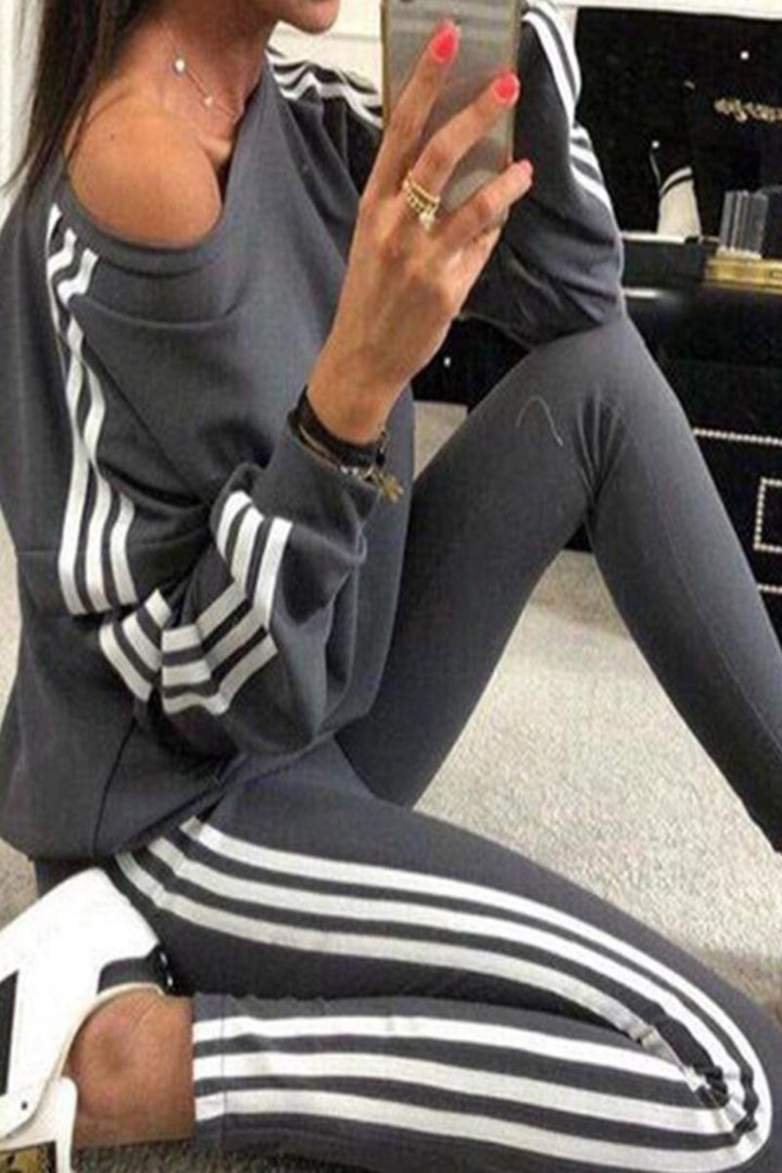 Tracksuit, lounge wear with white strips, comfortable two piece sweatshirt, top and leggings - Hayati London