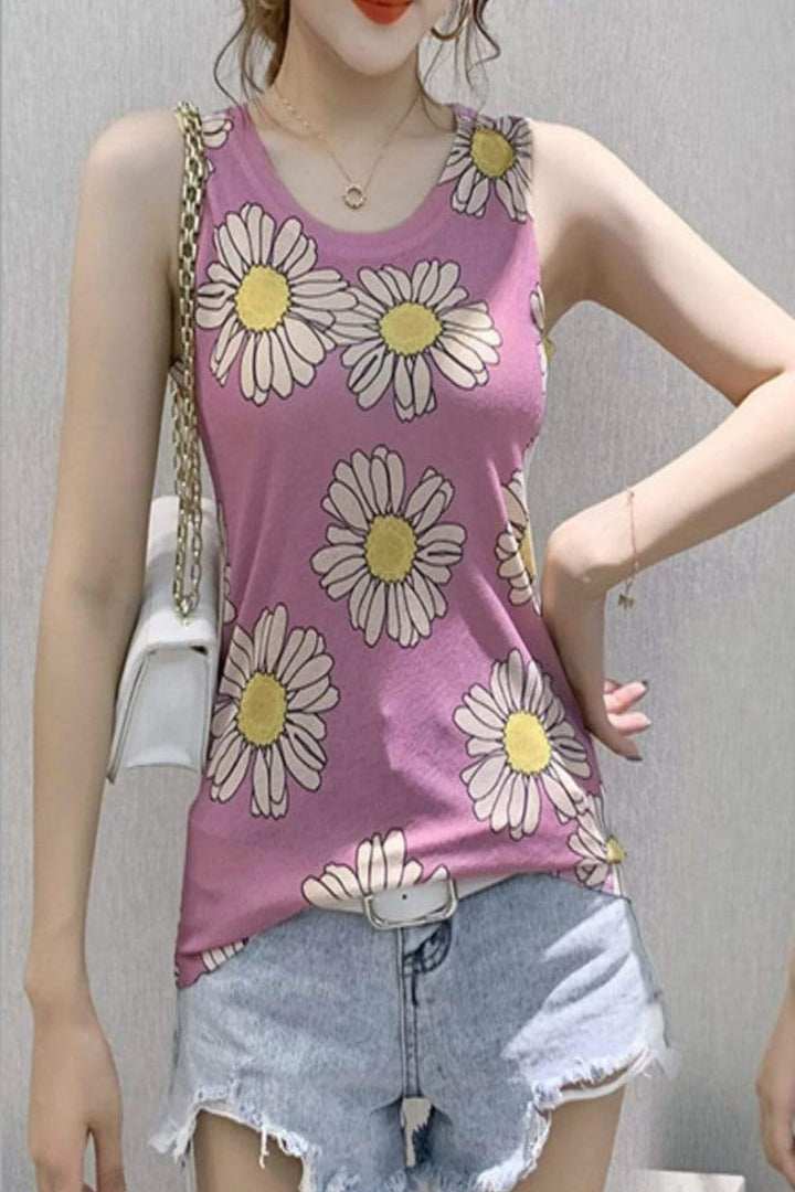 Vest Top, Pretty Daisy, White Flower Print, Two Colors, Pink or Green, Sleeveless Top, Perfect for Summer - Hayati London