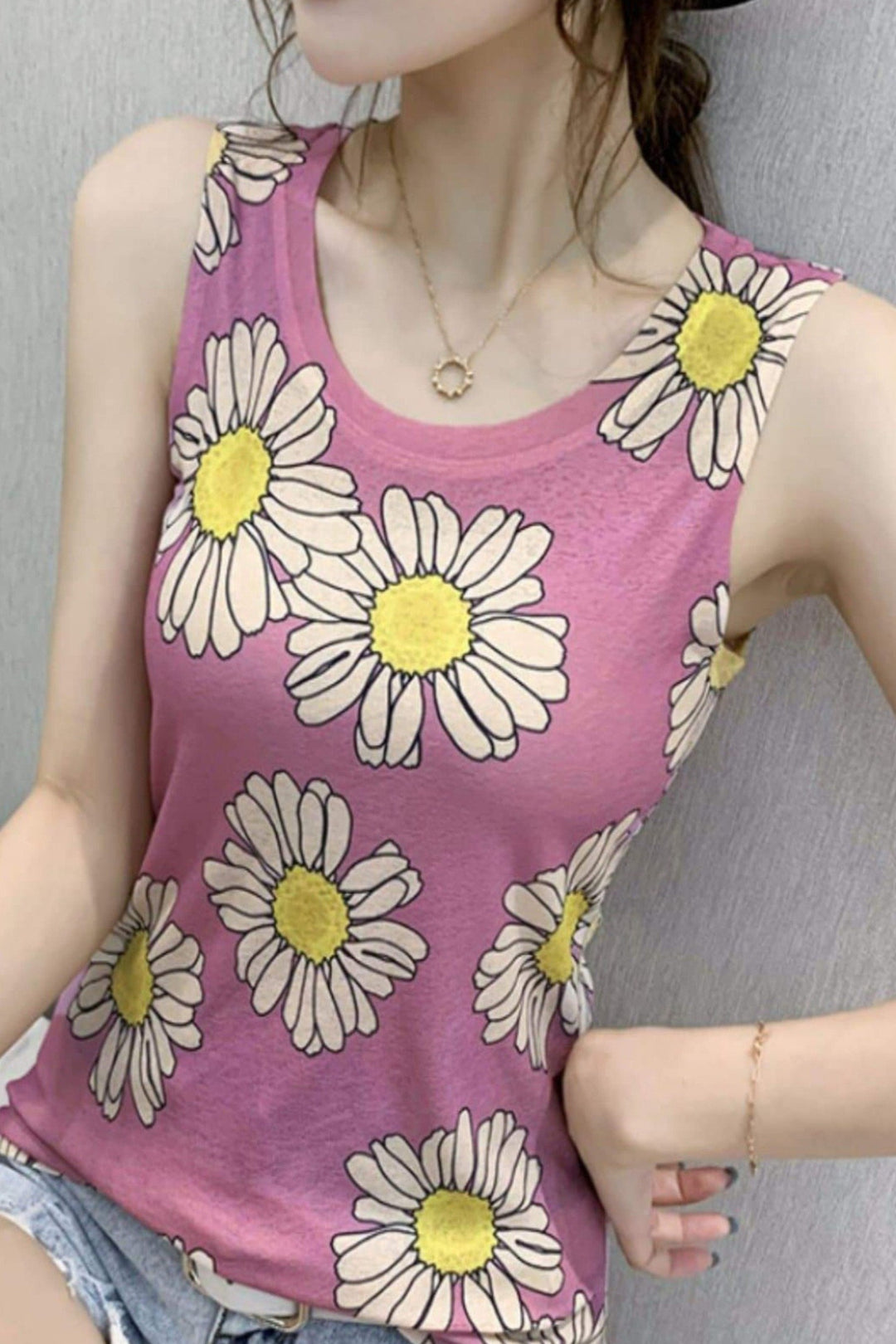 Vest Top, Pretty Daisy, White Flower Print, Two Colors, Pink or Green, Sleeveless Top, Perfect for Summer - Hayati London