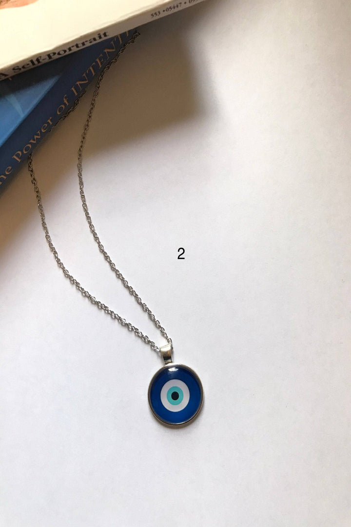 Evil Eye Pendant Necklace. 5 Beautiful Designs and Silver Finish.  Round glass cabochon, Turkish Evil Eye. Perfect Gift. (48 Hour Dispatch)