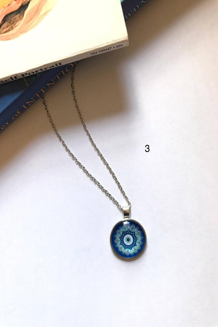 Evil Eye Pendant Necklace. 5 Beautiful Designs and Silver Finish.  Round glass cabochon, Turkish Evil Eye. Perfect Gift. (48 Hour Dispatch)