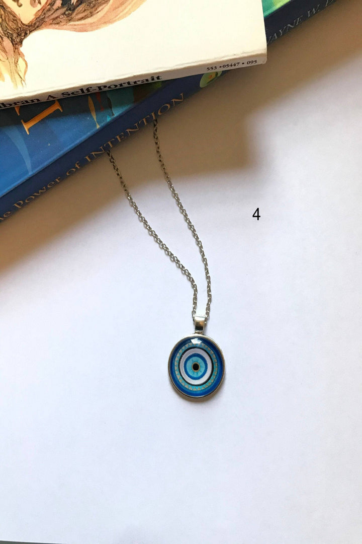 Evil Eye Pendant Necklace. 5 Beautiful Designs and Silver Finish.  Round glass cabochon, Turkish Evil Eye. Perfect Gift. (48 Hour Dispatch)