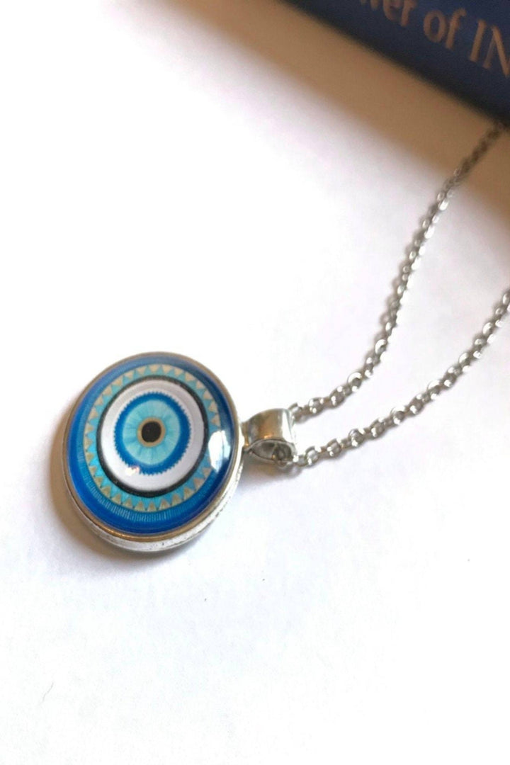 Evil Eye Pendant Necklace. 5 Beautiful Designs and Silver Finish.  Round glass cabochon, Turkish Evil Eye. Perfect Gift. (48 Hour Dispatch)