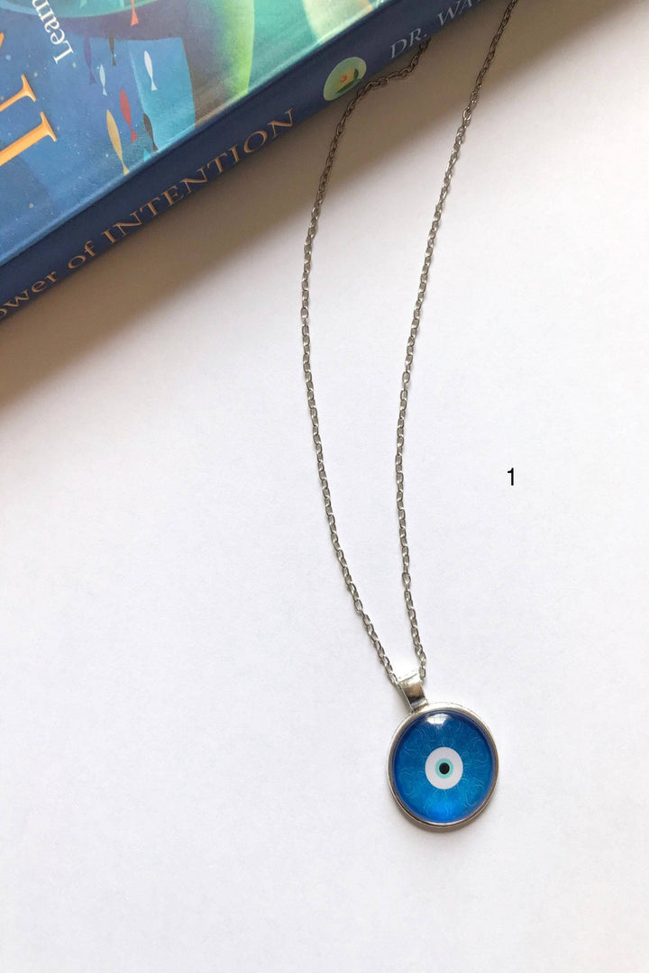 Evil Eye Pendant Necklace. 5 Beautiful Designs and Silver Finish.  Round glass cabochon, Turkish Evil Eye. Perfect Gift. (48 Hour Dispatch)