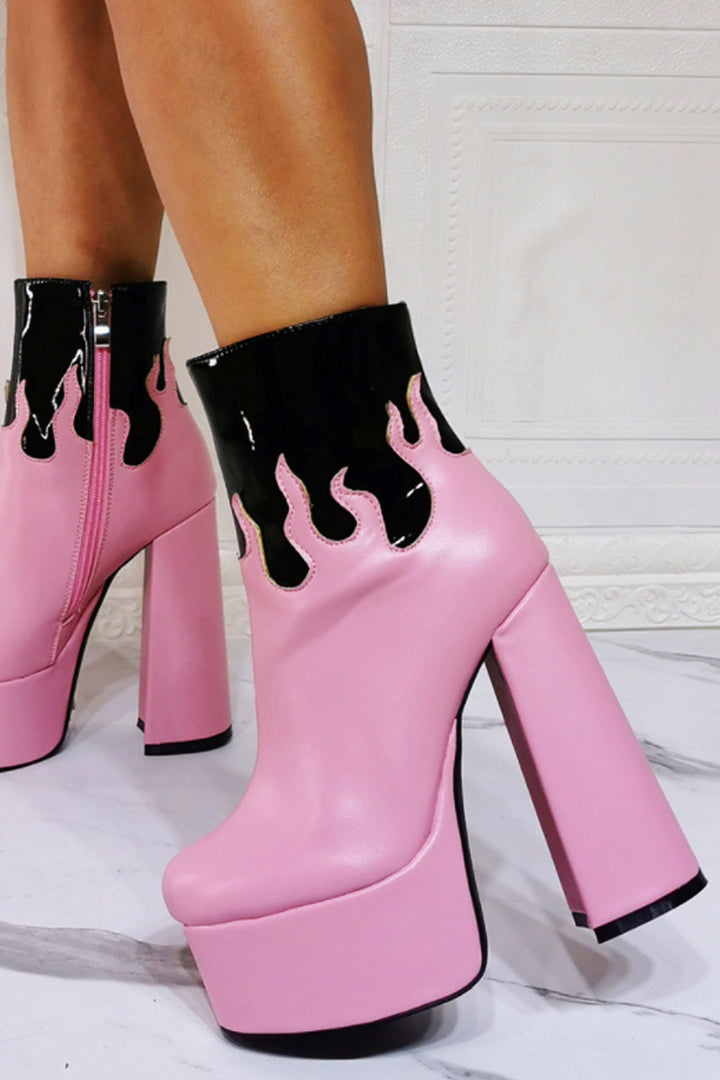 Chunky Platform Flared Heel Ankle Boots, Patent Faux Leather Black & Pink Heeled Boots, Flame Design