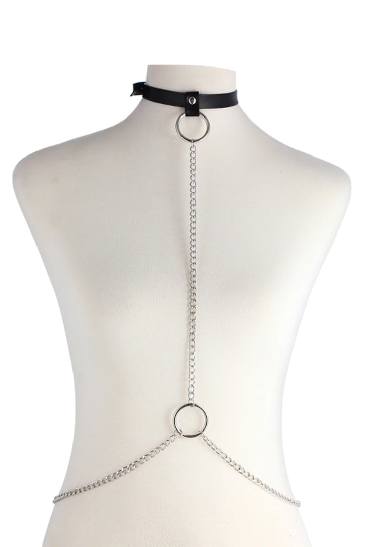 Chunky Metal Body Chain, Faux Leather Collar Choker Necklace, Emo, y2k, Grunge, Goth, Cosplay Outfit