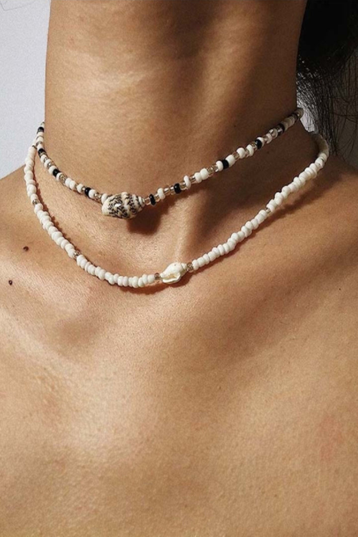 Y2K Conch Shell Decor Beaded Layered Choker Necklace, Surfer Choker Necklace, Boho Dainty Minimalist Jewelry, Beaded Crystal Necklace