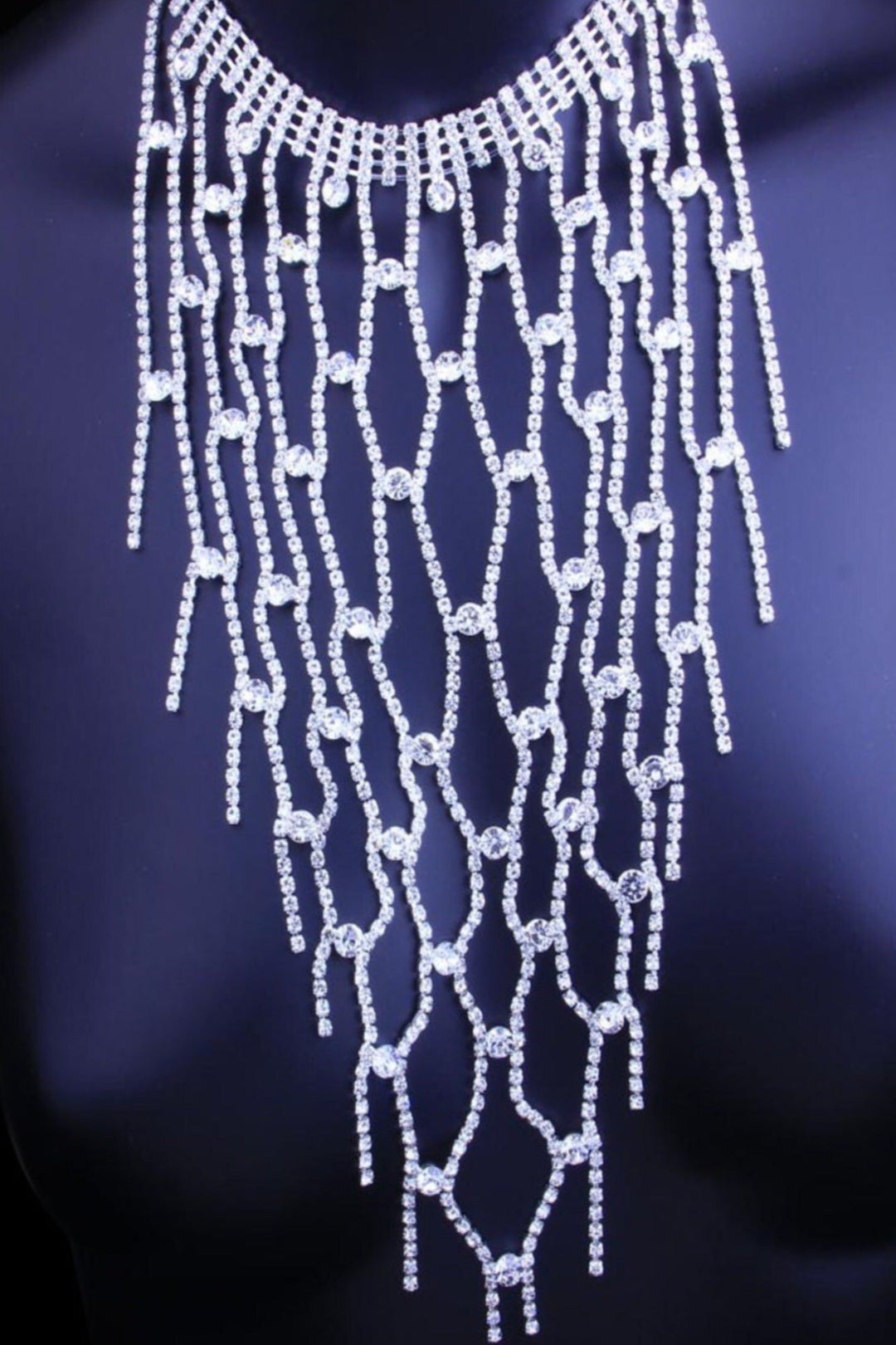 Sparkling Choker, Rhinestone Crystal, Silver Finish, Long Rhinestone Necklace.  Long Tassels,  Big chunky, Necklace - Hayati London