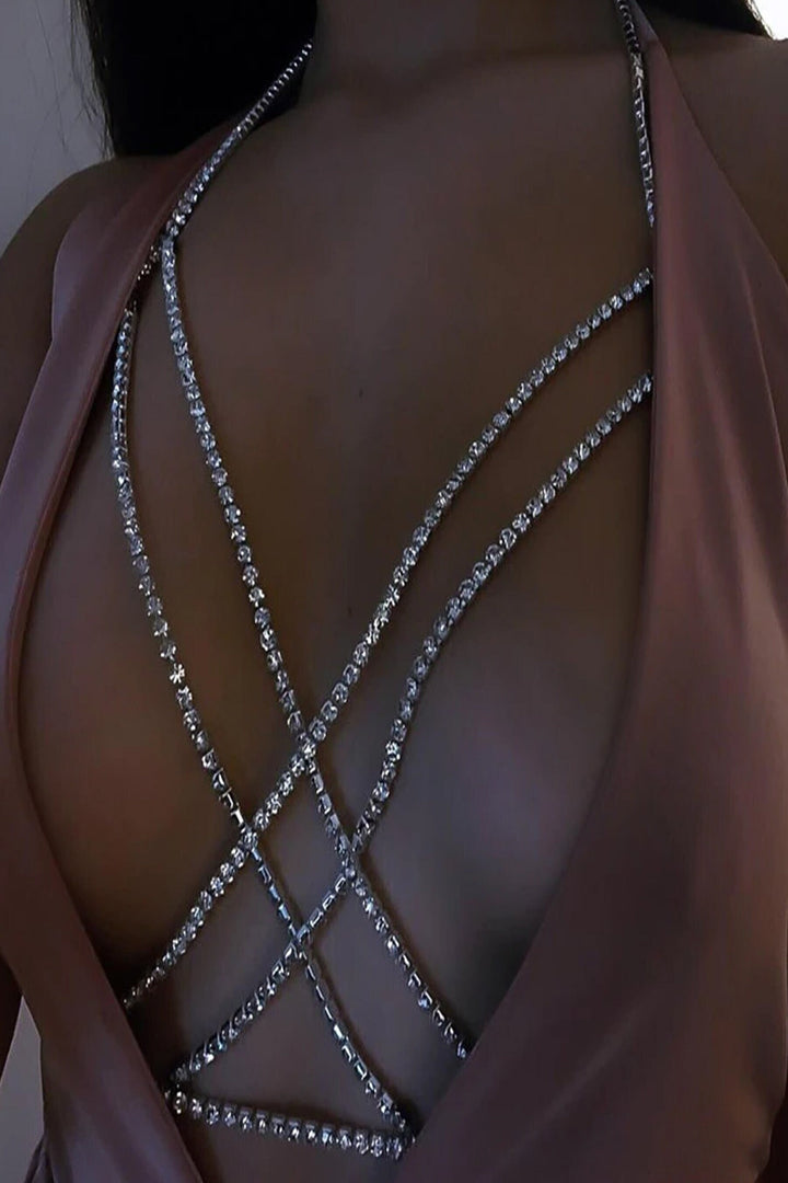 Rhinestone Crossover Wraparound Body & Belly Chain, y2k Bralette and Bikini Accessories, Silver and Gold Body Chains  (48 Hour Dispatch)