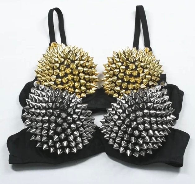 Super Cropped Studded Corset Top, Black Push-Up Bralette Bustier, Goth Punk Y2K Aesthetic