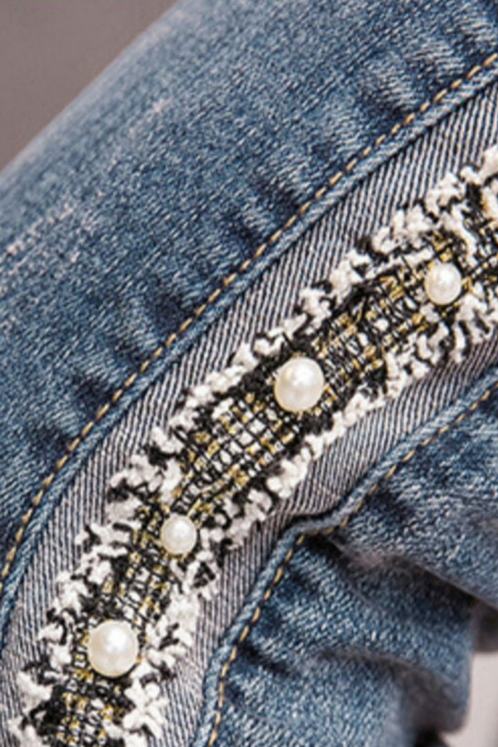 Pearl Embellished Silver & Black Embroidered Flare Denim Jeans, Dark Wash High Rise Flared Jeans