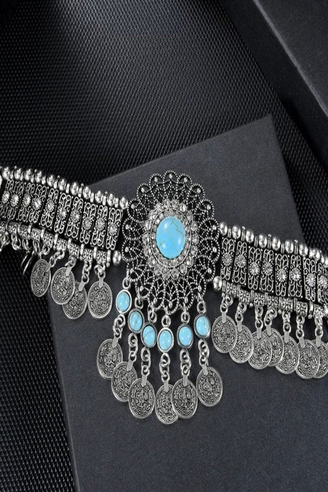 Vintage Choker Necklace Women Bohemain Flower Crystal Rhinestone Blue Beaded Coin Tassel Ethnic Gypsy Jewelry for Casual Party Weekend Wear