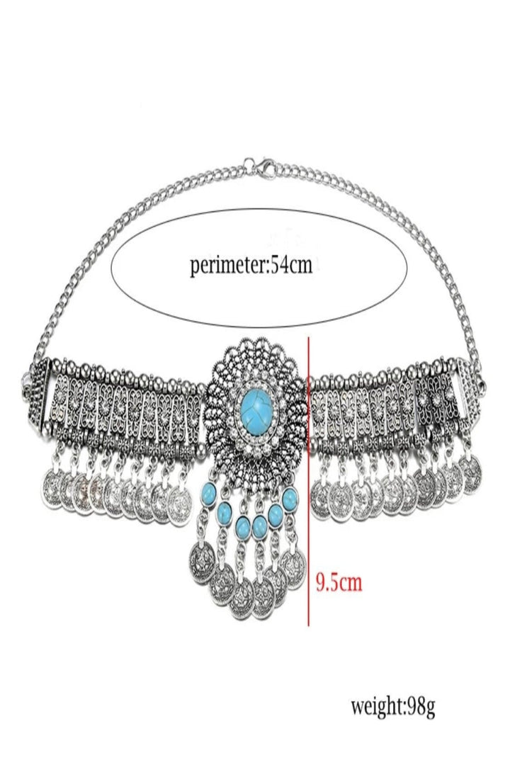 Vintage Choker Necklace Women Bohemain Flower Crystal Rhinestone Blue Beaded Coin Tassel Ethnic Gypsy Jewelry for Casual Party Weekend Wear
