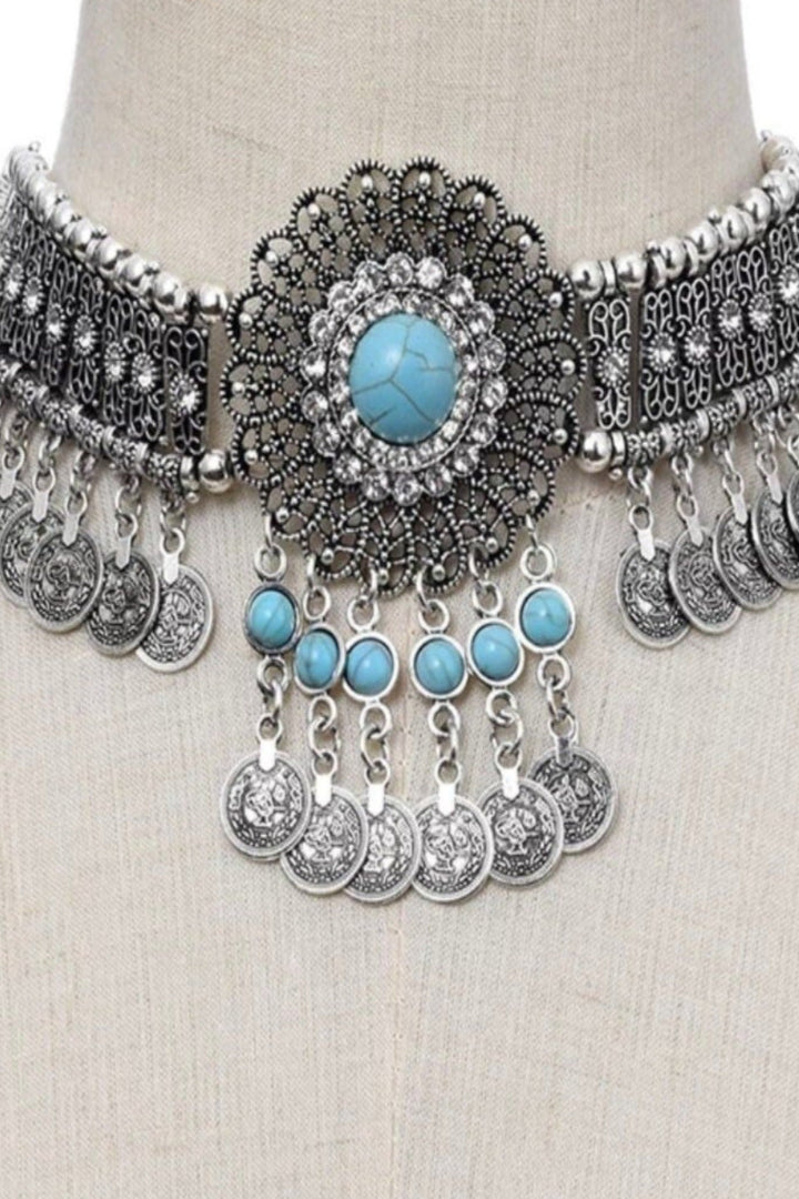 Vintage Choker Necklace Women Bohemain Flower Crystal Rhinestone Blue Beaded Coin Tassel Ethnic Gypsy Jewelry for Casual Party Weekend Wear