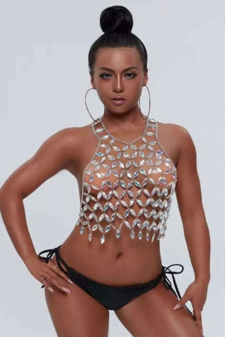 Silver Rhinestone Embellishment Chainmail Mesh Crop Top, Halter Crop Top