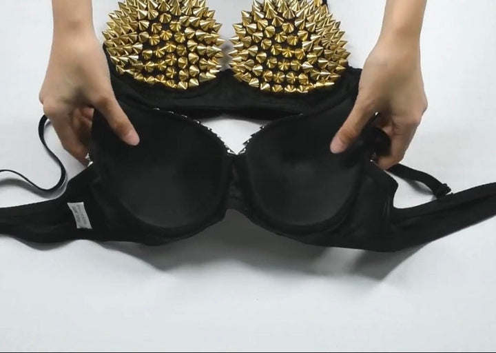 Super Cropped Studded Corset Top, Black Push-Up Bralette Bustier, Goth Punk Y2K Aesthetic