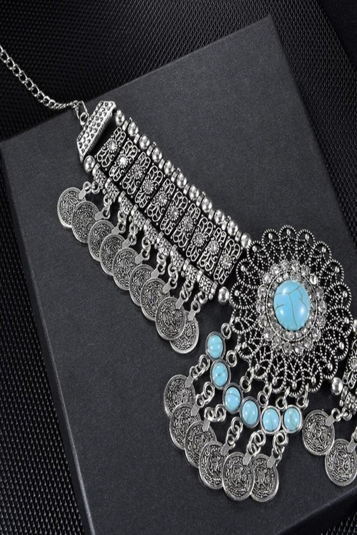 Vintage Choker Necklace Women Bohemain Flower Crystal Rhinestone Blue Beaded Coin Tassel Ethnic Gypsy Jewelry for Casual Party Weekend Wear