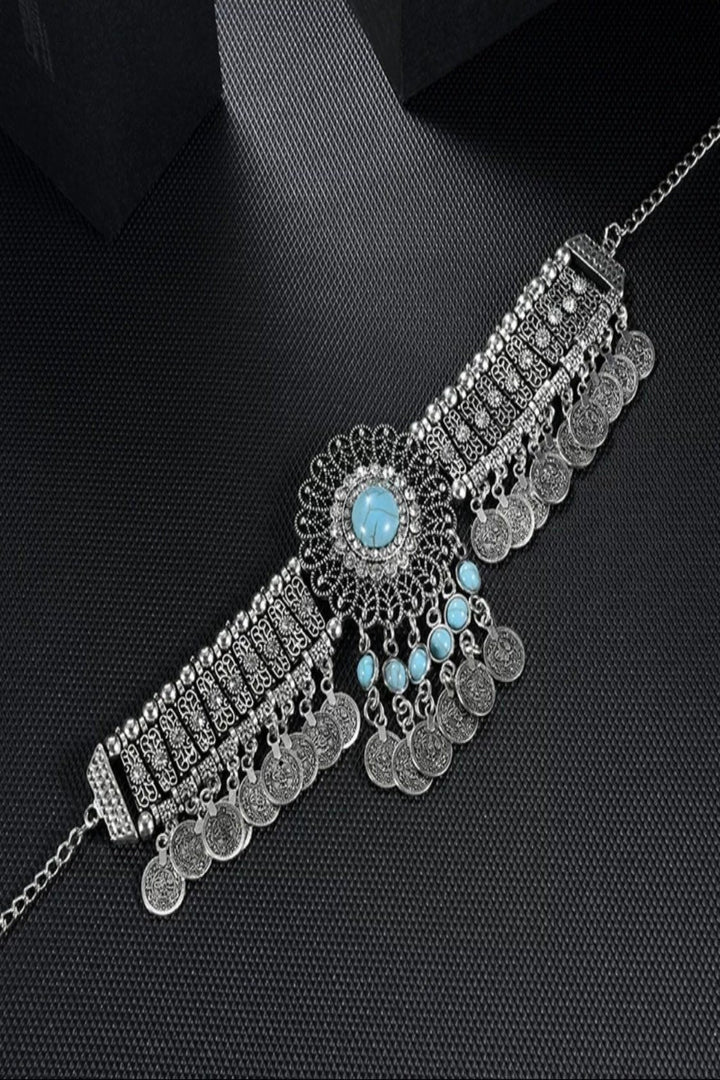 Vintage Choker Necklace Women Bohemain Flower Crystal Rhinestone Blue Beaded Coin Tassel Ethnic Gypsy Jewelry for Casual Party Weekend Wear