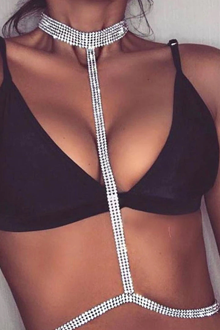 Rhinestone Crystal Body Harness Jewellery. Silver Finish Crystal Body Necklaces Belt Jewellery Bralette (48 Hour Dispatch)