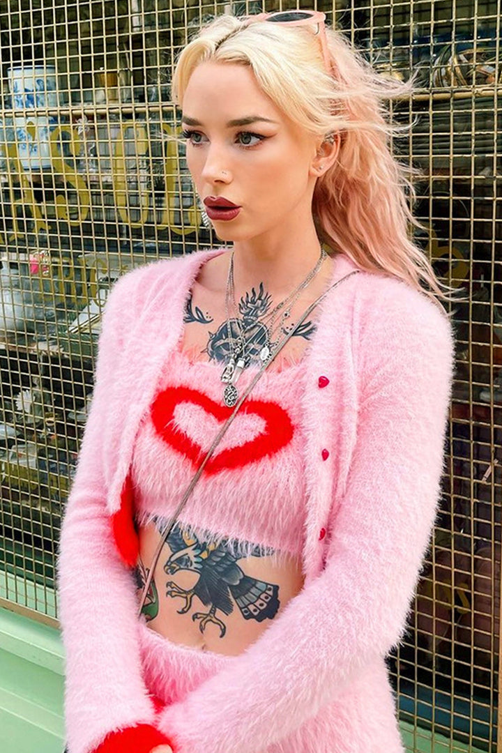 Y2K Fluffy Pink Heart Cardigan, Knitted Faux Fur Pink Set, Inspired by Rebel Wilson 'Senior Year'