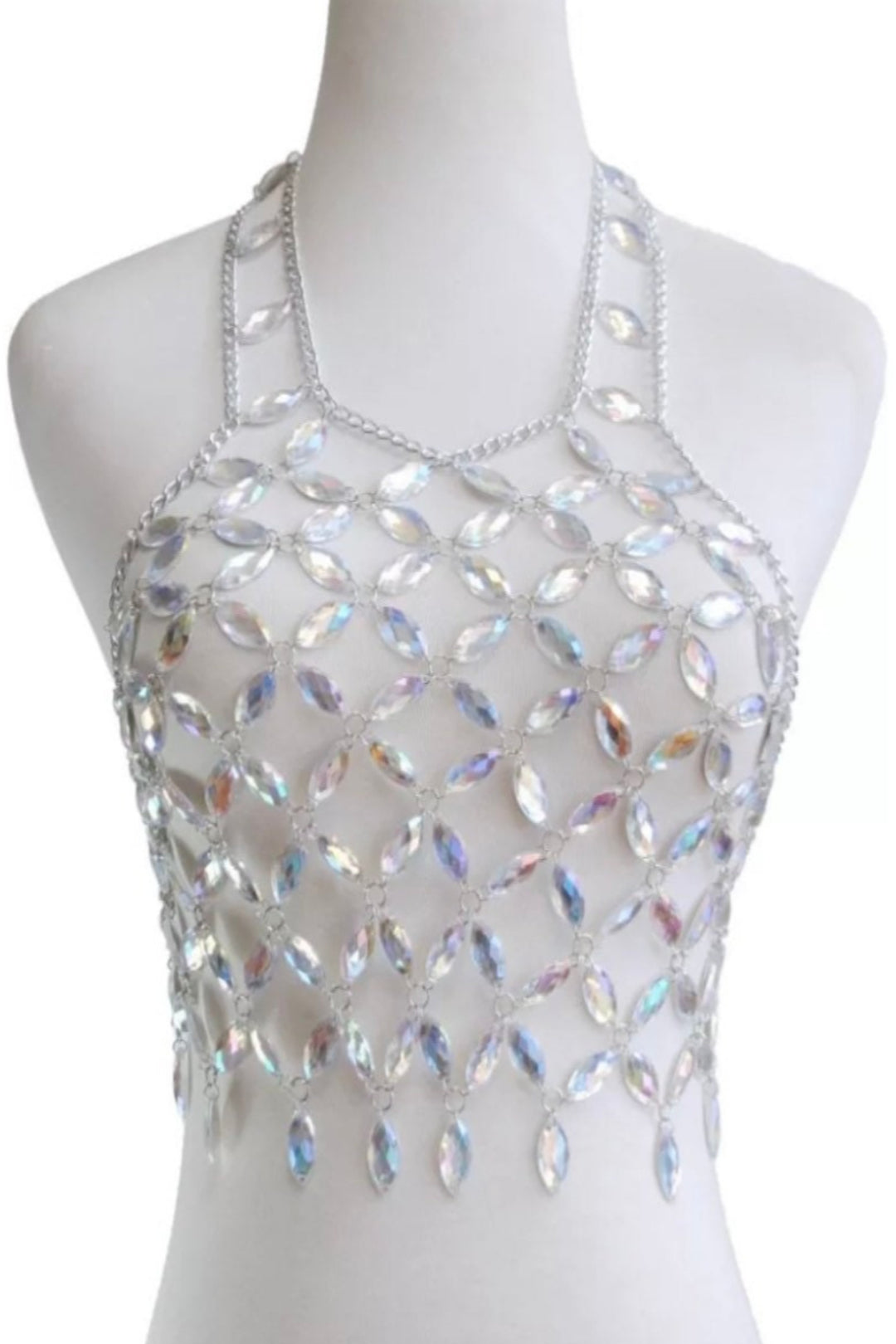 Silver Rhinestone Embellishment Chainmail Mesh Crop Top, Halter Crop Top