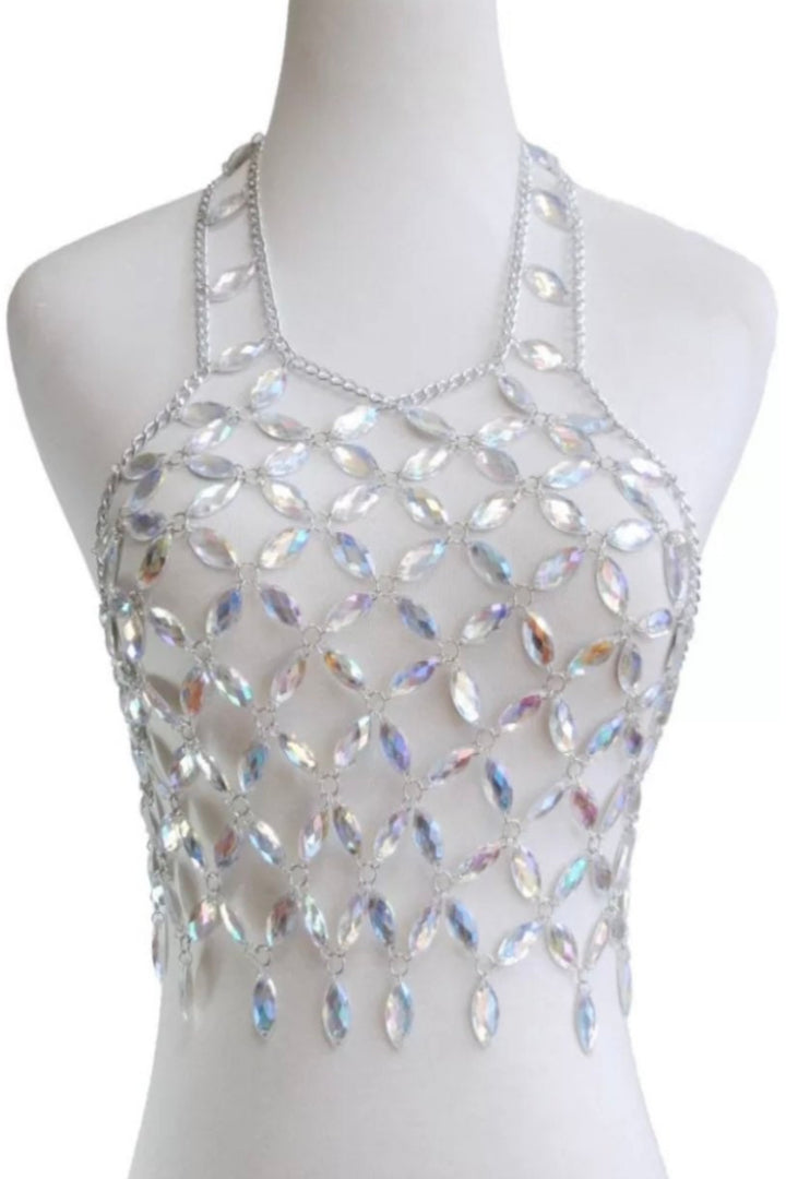 Silver Rhinestone Embellishment Chainmail Mesh Crop Top, Halter Crop Top