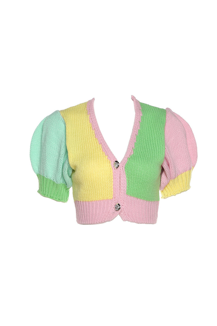 Pastel Multicolor Patchwork Y2K Crochet Knit Cardigan Crop Top, Short Puff Sleeve Crop Top, Plunge Low V Neck