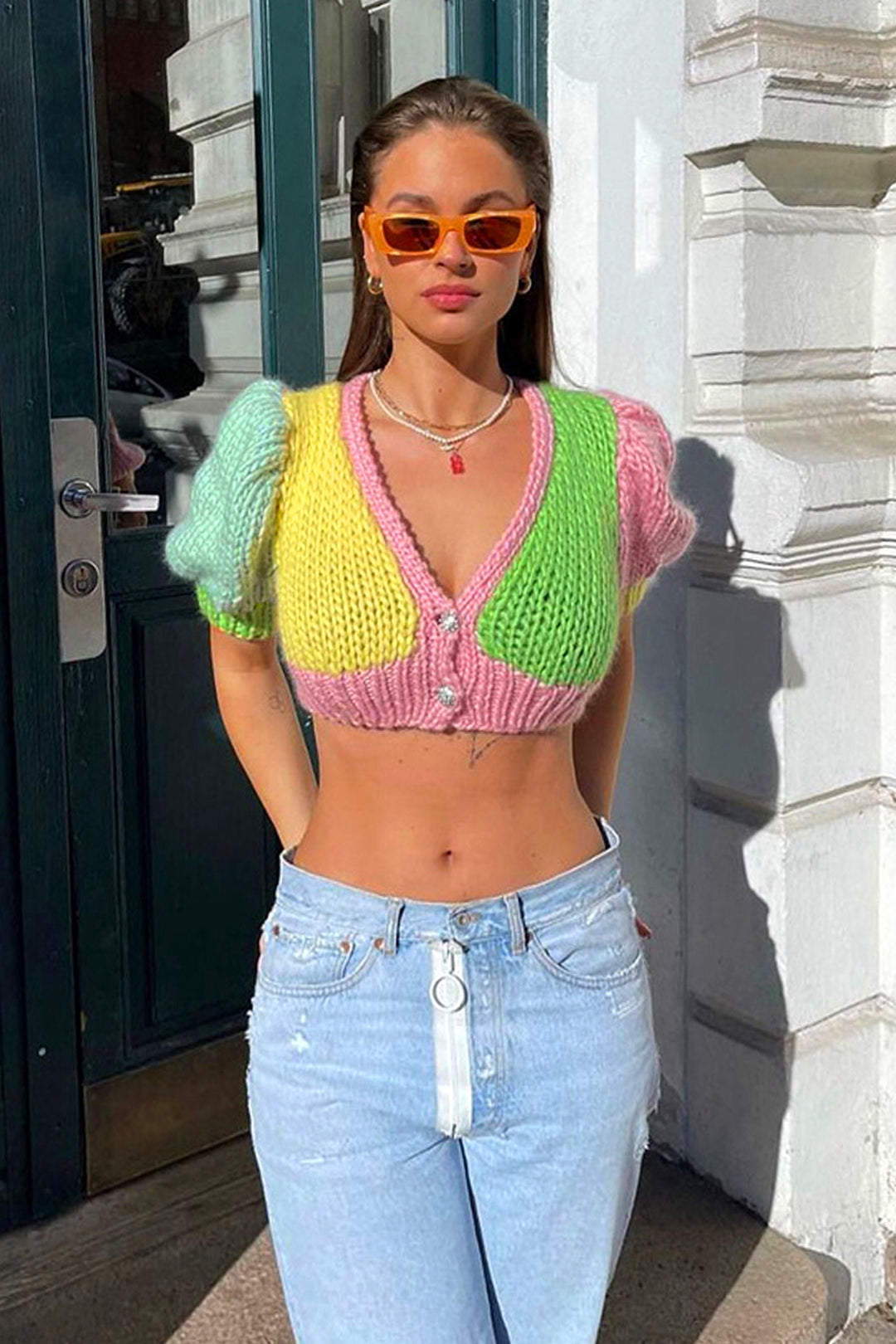 Pastel Multicolor Patchwork Y2K Crochet Knit Cardigan Crop Top, Short Puff Sleeve Crop Top, Plunge Low V Neck