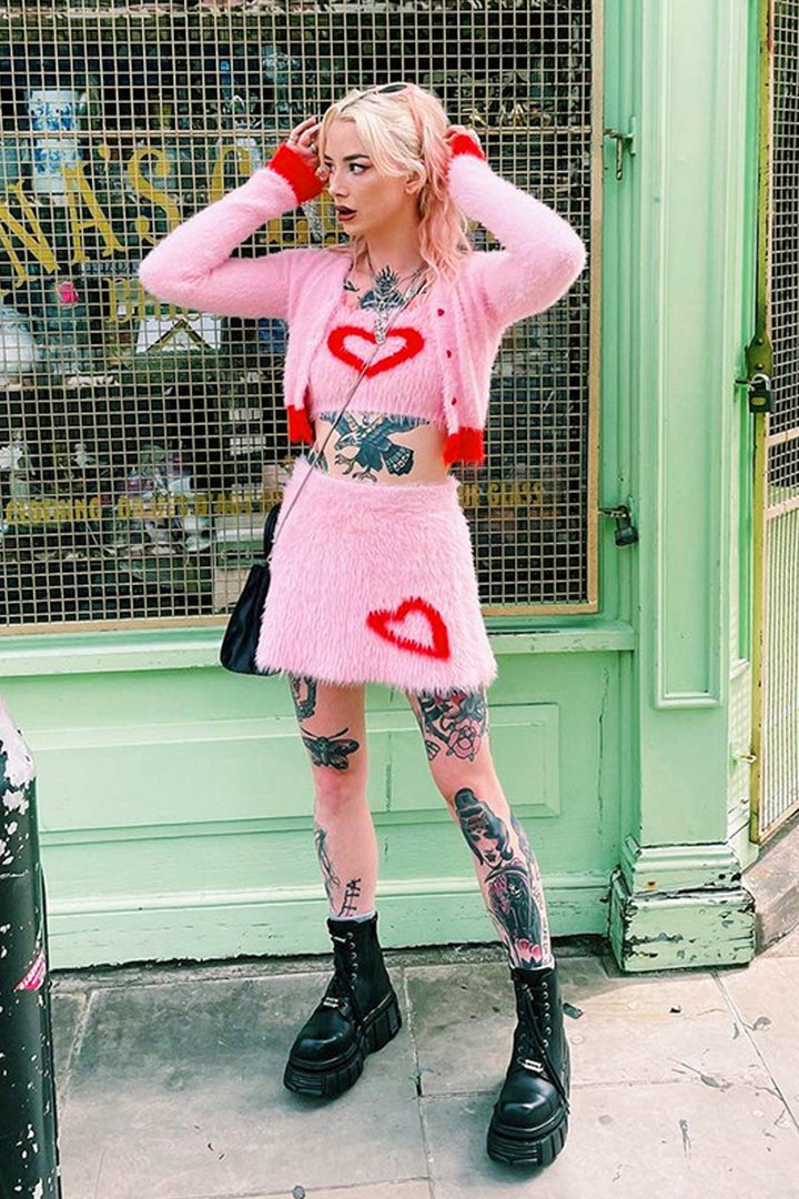 Y2K Fluffy Pink Heart Cardigan, Knitted Faux Fur Pink Set, Inspired by Rebel Wilson 'Senior Year'