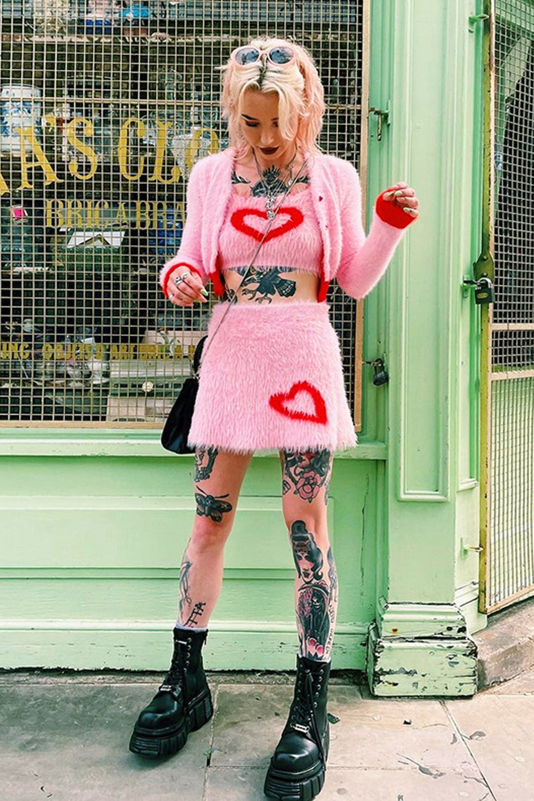 Y2K Fluffy Pink Heart Cardigan, Knitted Faux Fur Pink Set, Inspired by Rebel Wilson 'Senior Year'