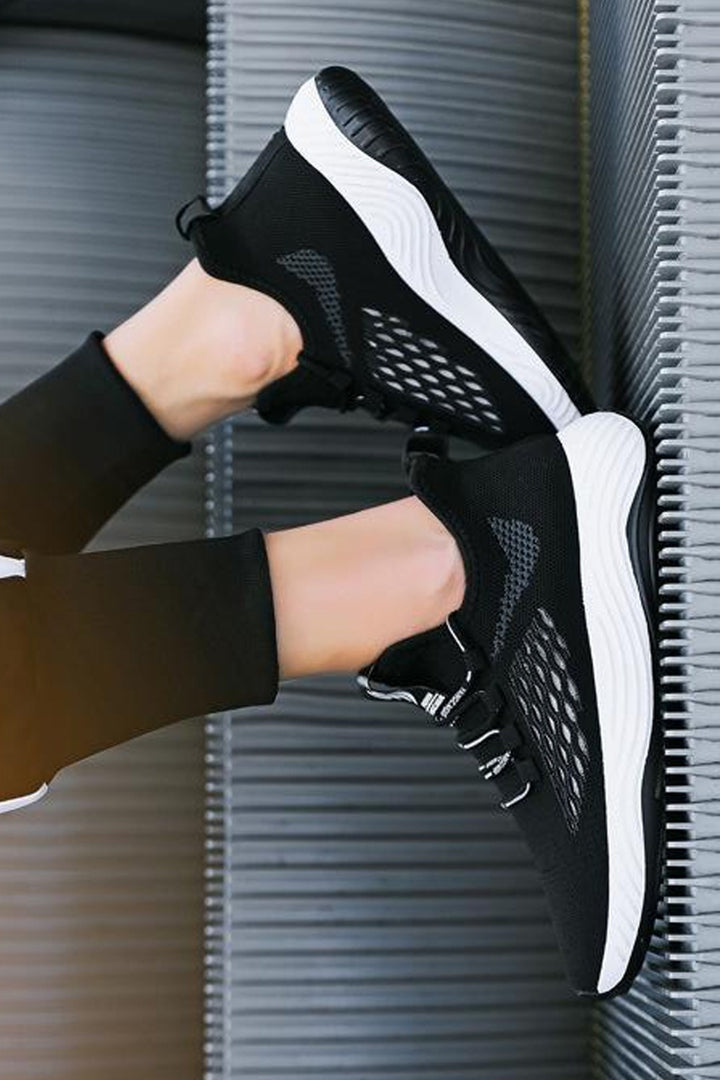 Coal Black Mesh Panel Knitted Sneakers, Flexible White Outsole, Minimalistic Casual Sneakers, Men's Footwear (UK Sizes 8, 9)
