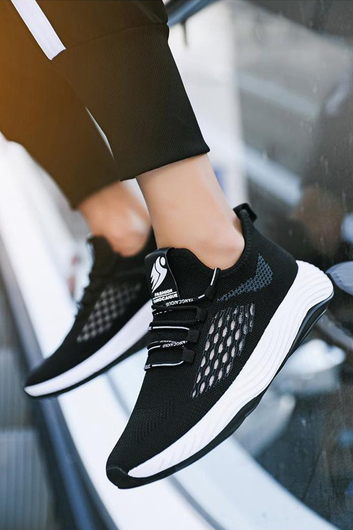 Coal Black Mesh Panel Knitted Sneakers, Flexible White Outsole, Minimalistic Casual Sneakers, Men's Footwear (UK Sizes 8, 9)