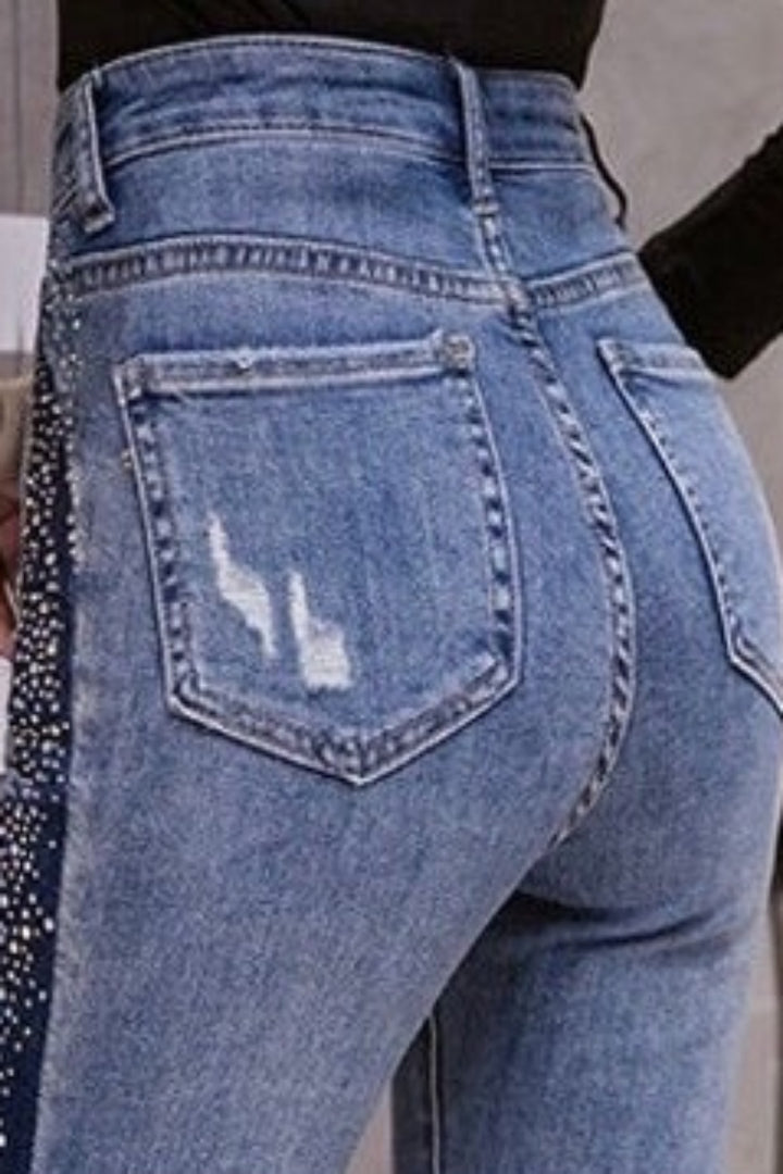 Crystal Detailing Two Tone Flare Patchwork Denim Jeans, Blue Wash High Rise Flared Jeans
